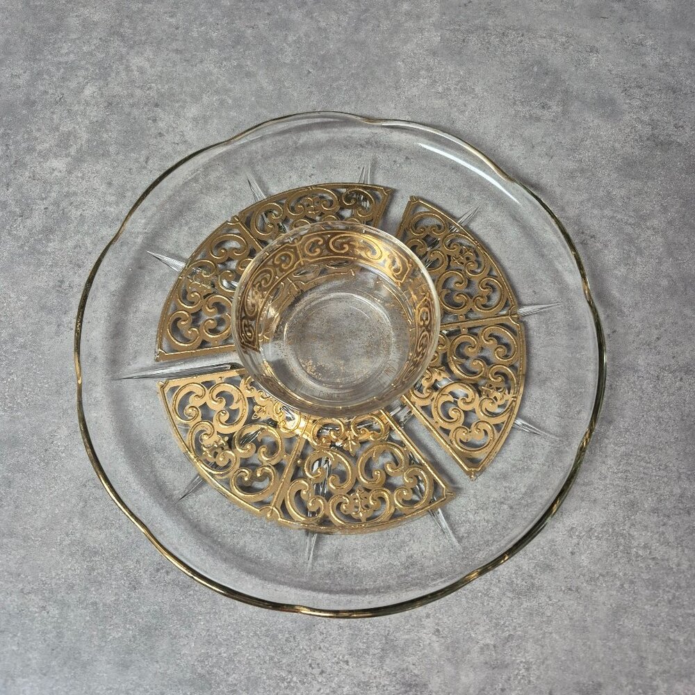 Georges Briard Signed Mid Century Modern Glassware Gold Scroll Decoration MCM